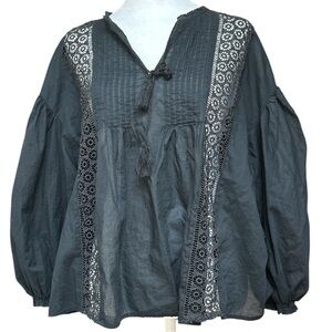 Levis Women’s Peasant Top Black Sheer Boho 3/4 Balloon Sleeve Tassel Tie Lace L